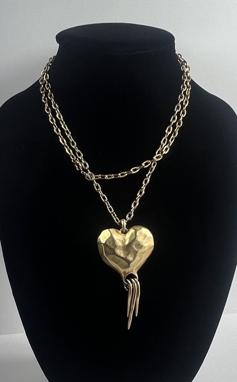 Bold Long Gold Tone Large Hammered Heart w Dangles Pendant Statement Necklace